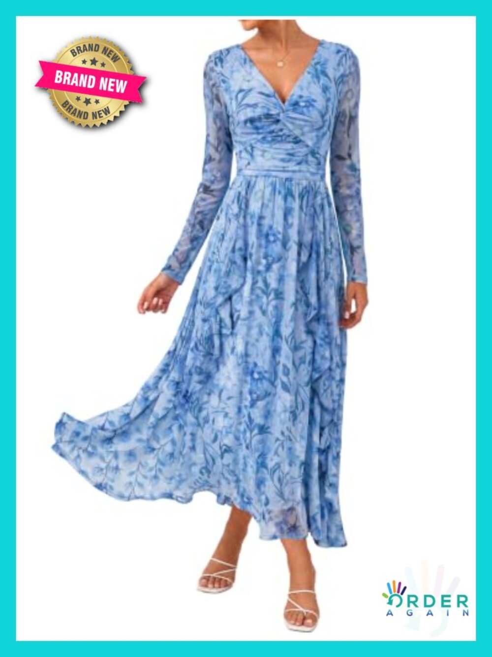 GRACE KARIN Women's V-Neck Twist Front Floral Mesh Maxi Dress Long Sleeve